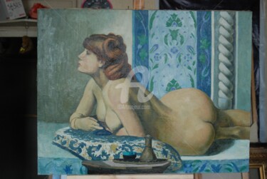 Painting titled "Девушка" by Viktor Piskunov, Original Artwork, Oil Mounted on Wood Stretcher frame