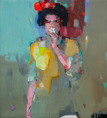 Painting titled "Girl with flower" by Viktor Sheleg, Original Artwork, Oil