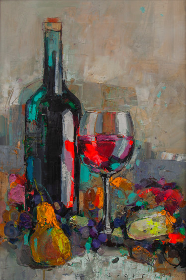 Painting titled "Wine, cheese, fruit" by Viktor Sheleg, Original Artwork, Oil Mounted on Wood Stretcher frame