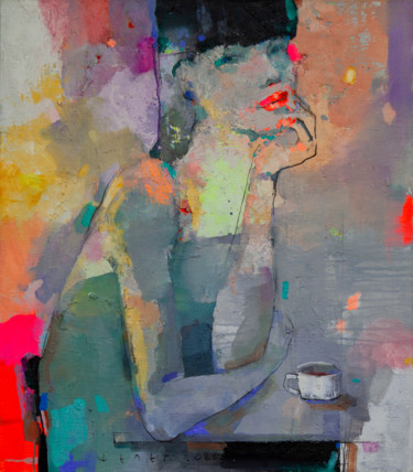Pintura titulada "She just loves coff…" por Viktor Sheleg, Obra de arte original, Oleo Montado en Bastidor de camilla de mad…