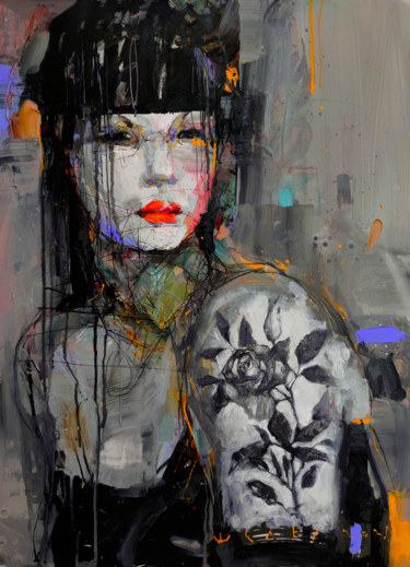 Painting titled "Girl with tattoo" by Viktor Sheleg, Original Artwork, Oil