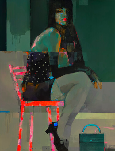 Картина под названием "She and the red cha…" - Viktor Sheleg, Подлинное произведение искусства, Масло