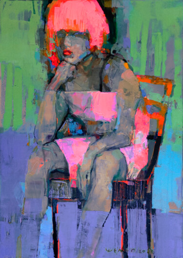 Schilderij getiteld "Pink Lady" door Viktor Sheleg, Origineel Kunstwerk, Olie Gemonteerd op Frame voor houten brancard