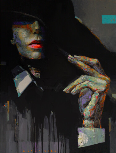Schilderij getiteld "The Secretive Lady" door Viktor Sheleg, Origineel Kunstwerk, Olie Gemonteerd op Frame voor houten branc…