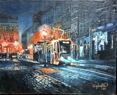 Peinture intitulée "Ночной трамвай" par Viktor Soroka, Œuvre d'art originale, Huile