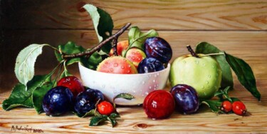 Картина под названием "Яблоки и сливы" - Виктор Вавейкин, Подлинное произведение искусства, Масло