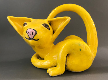 Sculpture titled "Yellow Cat" by Viktor Zuk, Original Artwork, Ceramics