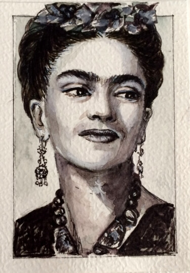 Malerei mit dem Titel "Portrait Frida Kahlo" von Viktoriia Gubareva, Original-Kunstwerk, Aquarell