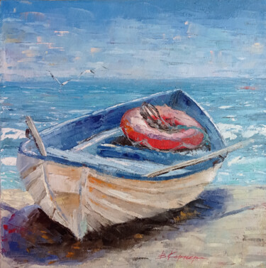 Peinture intitulée "A boat, landscape w…" par Viktoriia Kerner, Œuvre d'art originale, Huile