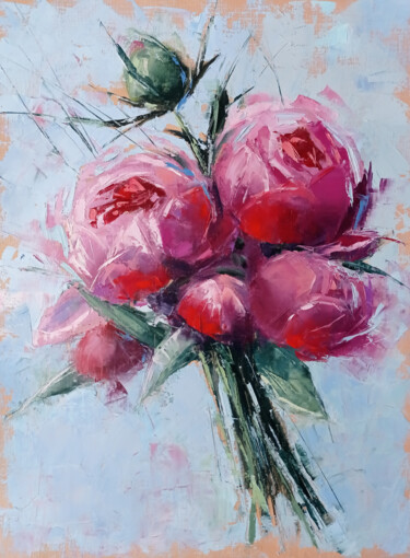 Картина под названием "Bouquet of pink peo…" - Виктория Кернер, Подлинное произведение искусства, Масло