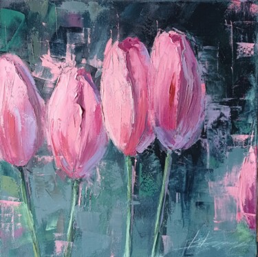 Pintura titulada "Five tulips, oil on…" por Viktoriia Kerner, Obra de arte original, Oleo