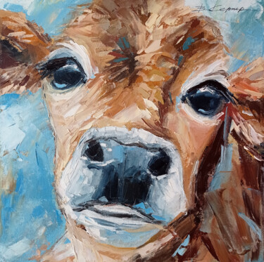 Painting titled ""Calf" animal oil p…" by Viktoriia Kerner, Original Artwork, Oil