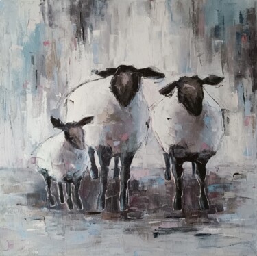 Painting titled ""Sheeps" oil on can…" by Viktoriia Kerner, Original Artwork, Oil Mounted on Wood Stretcher frame