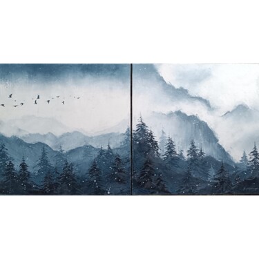 Schilderij getiteld "Diptych "First snow…" door Viktoriia Kerner, Origineel Kunstwerk, Olie Gemonteerd op Frame voor houten…