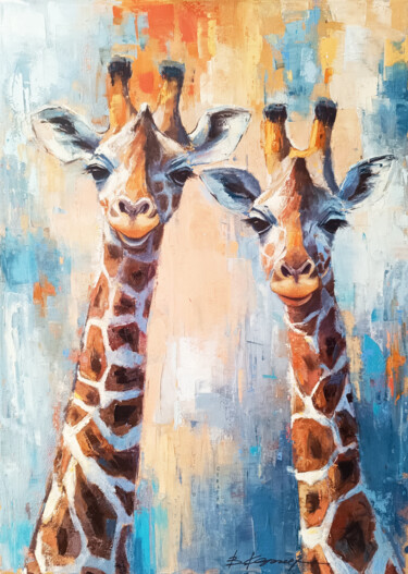 「"Giraffes" oil pain…」というタイトルの絵画 Виктория Кернерによって, オリジナルのアートワーク, オイル ウッドストレッチャーフレームにマウント