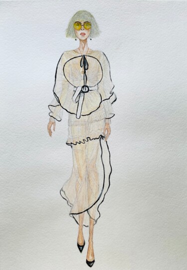 Pintura intitulada "Lady in white" por Viktoriia Kirilenko, Obras de arte originais, Aquarela
