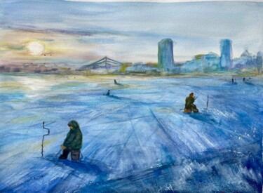Peinture intitulée "Winter fishing on D…" par Viktoriia Kirilenko, Œuvre d'art originale, Aquarelle