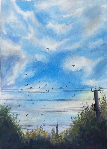 Pintura intitulada "Swallows in my yard" por Viktoriia Kirilenko, Obras de arte originais, Aquarela