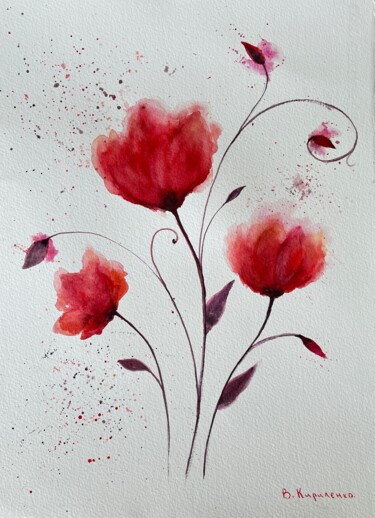 Peinture intitulée "Red flowers" par Viktoriia Kirilenko, Œuvre d'art originale, Aquarelle