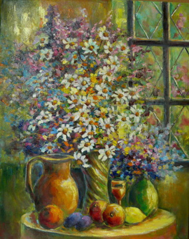 Painting titled "Натюрморт с ромашка…" by Viktoria Kriptova, Original Artwork, Oil