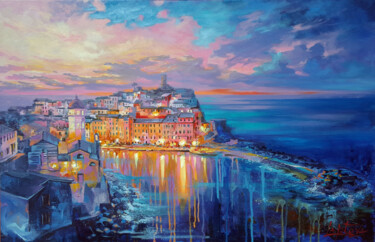 Painting titled "Painting Sunset in…" by Viktoria Lapteva, Original Artwork, Oil Mounted on Wood Stretcher frame