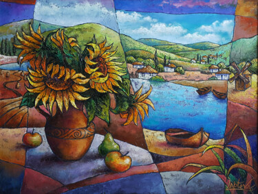 Картина под названием "Painting Sunflower…" - Viktoria Lapteva, Подлинное произведение искусства, Масло Установлен на Деревя…