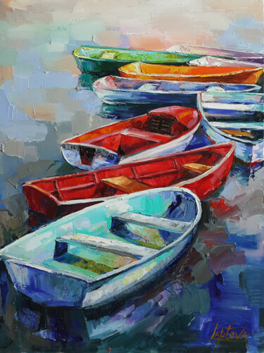 Pintura titulada "Painting Boats, lan…" por Viktoria Lapteva, Obra de arte original, Oleo Montado en Bastidor de camilla de…