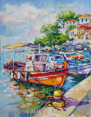 Painting titled "Painting Boats at t…" by Viktoria Lapteva, Original Artwork, Oil Mounted on Wood Stretcher frame