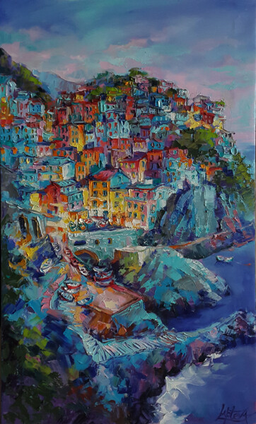 Painting titled "Manarola Evening -…" by Viktoria Lapteva, Original Artwork, Oil Mounted on Wood Stretcher frame