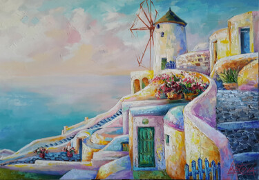 Pintura intitulada "Painting Santorini…" por Viktoria Lapteva, Obras de arte originais, Óleo Montado em Armação em madeira