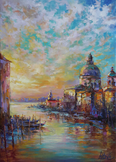Malarstwo zatytułowany „Venice at sunset ,…” autorstwa Viktoria Lapteva, Oryginalna praca, Olej Zamontowany na Drewniana ram…