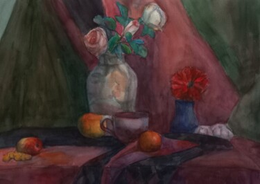 Картина под названием "Натюрморт с розами" - Виктория Никитина, Подлинное произведение искусства, Акварель