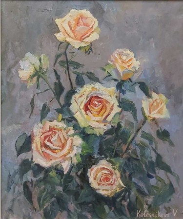 Ζωγραφική με τίτλο "Roses" από Viktoriia Kolesnikova, Αυθεντικά έργα τέχνης, Λάδι Τοποθετήθηκε στο Ξύλινο φορείο σκελετό