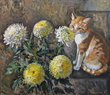 Картина под названием "Chrysanthemum and p…" - Viktoriia Kolesnikova, Подлинное произведение искусства, Масло