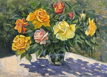 Painting titled "roses on garden tab…" by Viktoriia Kolesnikova, Original Artwork, Oil