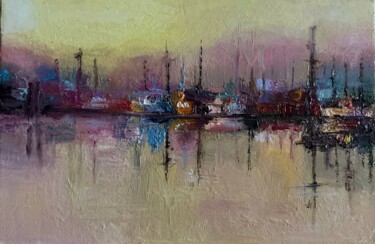 Painting titled "Boats at the pier" by Viktoria Sokolova, Original Artwork, Oil