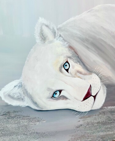 Painting titled "White lioness" by Viktoriia Balandina, Original Artwork, Acrylic Mounted on Wood Stretcher frame