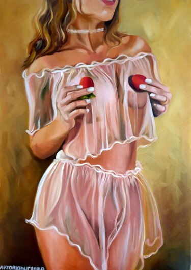Картина под названием "Леди с клубникой" - Виктория Бурдейко, Подлинное произведение искусства, Масло Установлен на Другая ж…
