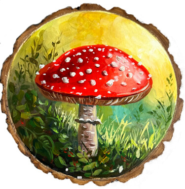 Malarstwo zatytułowany „Mushroom on a woode…” autorstwa Viktoriia Derbaba, Oryginalna praca, Akryl