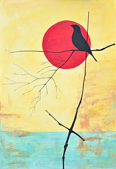 Peinture intitulée "Bird and sunset" par Viktoriia Gladkova, Œuvre d'art originale, Acrylique