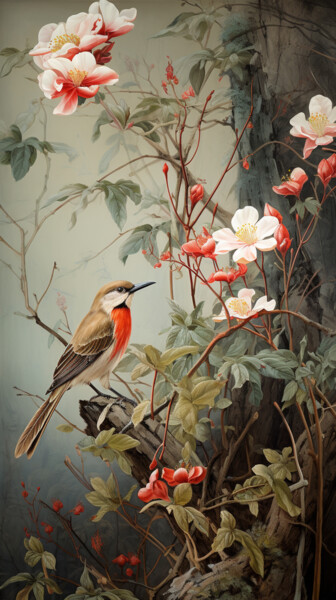 Digitale Kunst mit dem Titel "Bird with Flowers" von Viktoriia Gladkova, Original-Kunstwerk, KI-generiertes Bild
