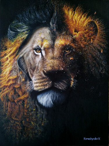 Schilderij getiteld "Lion on fire" door Viktoriia Komashinskaia, Origineel Kunstwerk, Olie