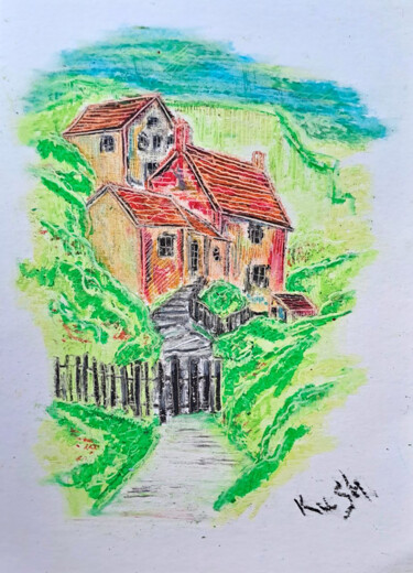Desenho intitulada "Building nto a hill…" por Viktoriia Kush, Obras de arte originais, Pastel