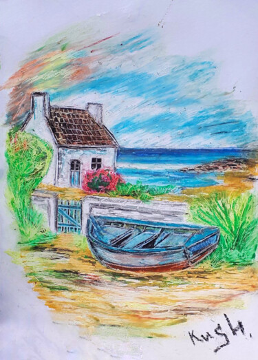 Tekening getiteld "House by the sea" door Viktoriia Kush, Origineel Kunstwerk, Pastel