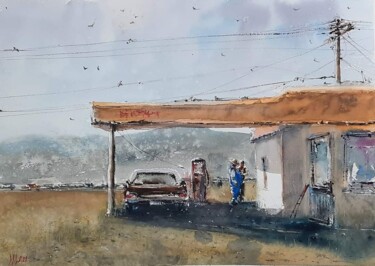 Painting titled "Petrol station" by Viktoriia Lebedynska, Original Artwork, Watercolor