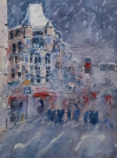 Malerei mit dem Titel "Snowy in the city" von Viktoriia Lebedynska, Original-Kunstwerk, Aquarell