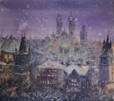 Peinture intitulée "Prague at night in…" par Viktoriia Lebedynska, Œuvre d'art originale, Aquarelle