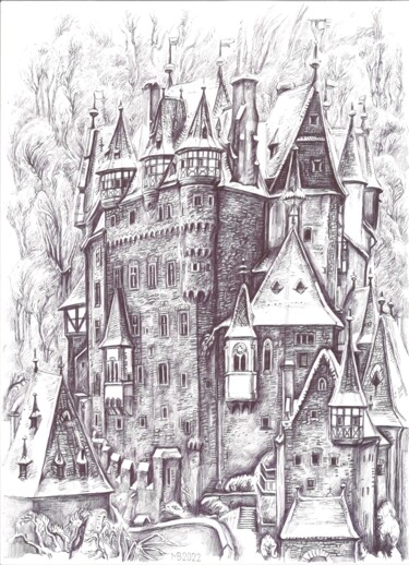 Tekening getiteld "Eltz Castle in Germ…" door Viktoriia Malaniuk, Origineel Kunstwerk, Balpen