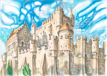 Zeichnungen mit dem Titel "Gravensteen Castle" von Viktoriia Malaniuk, Original-Kunstwerk, Marker