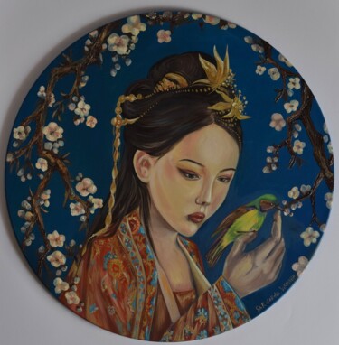 Japanese girl in sakura Painting titled "Japanese girl in sa…" by Viktoriia Sakharova, Original Art, Oil